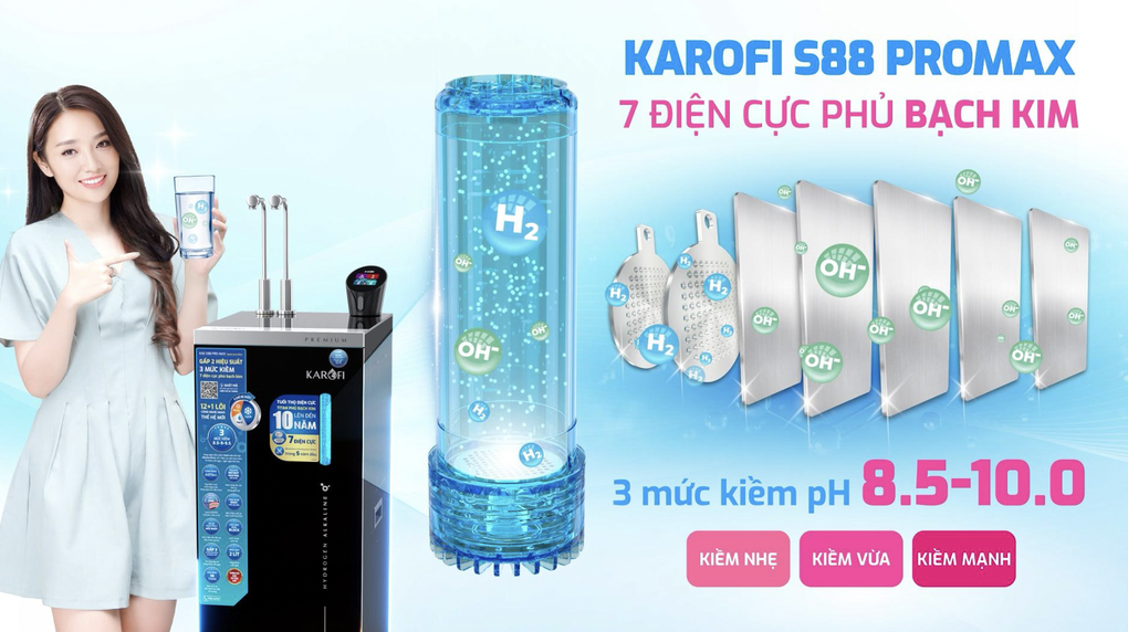 Máy lọc nước Karofi KAE-S88 PROMAX sở hữu 7 tấm điện cực titan phủ bạch kim