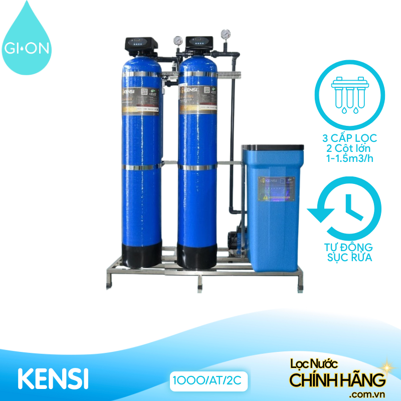 Hệ thống lọc nước đầu nguồn 2 cột composite 1000LH Kensi van tự động, không tủ điện