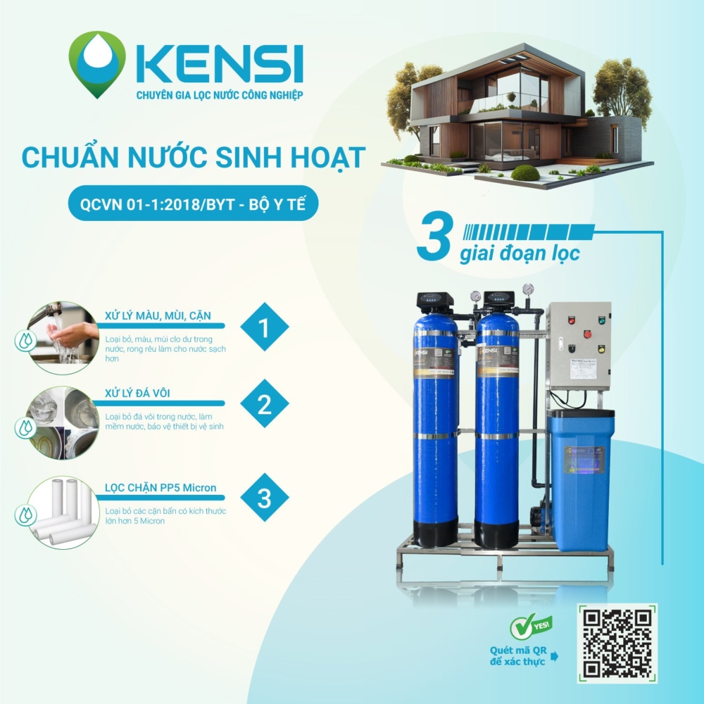 Hệ thống lọc nước đầu nguồn 2 cột composite 1000LH Kensi van tự động, không tủ điện