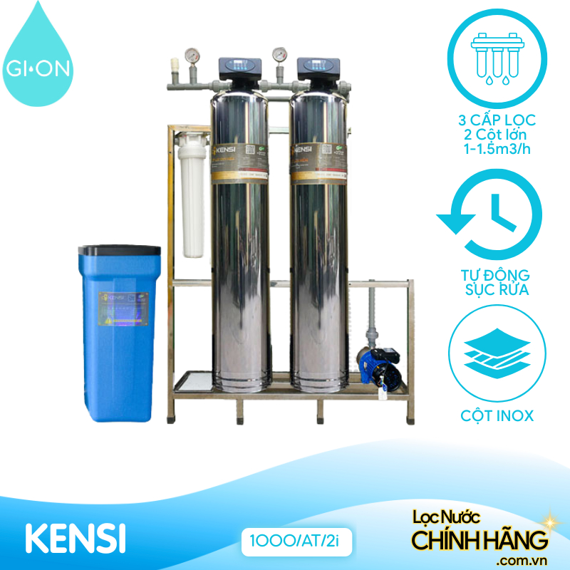 Hệ thống lọc nước đầu nguồn 2 cột Inox 1000LH Kensi van tự động, không tủ điện