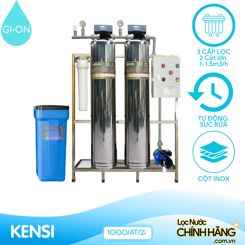 Hệ thống lọc nước đầu nguồn 2 cột Inox 1000LH Kensi van tự động